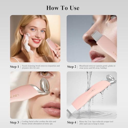 Vangines Blackhead Scraper Tool & Skin Scrubber Face Spatula for Blackhead Removal, Pore Cleaning, with Cooling Ice Roller & 2 Silicone Brush Heads (Dusty Rose) - Thumbnail 4