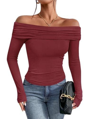 Imily Bela Womens Burgundy Off Shoulder Top - Retro Slim Fit Long Sleeve Stretch Top for Fall Winter Dating - Image 1