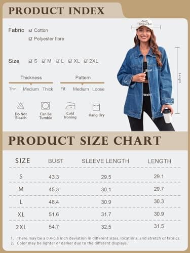 Tankaneo Womens Oversized Denim Jackets Casual Zip up Spring Long Sleeve Jean Jacket with Pocket - Thumbnail 6