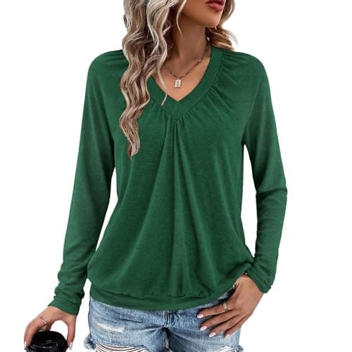 Long Sleeve Shirts for Women V Neck Casual Tops Women Long Sleeve Tops Basic T Shirts Outfits Womens Clothes 2025 (US, Alpha, X-Large, Regular, Regular, Forest Green) - Image 1