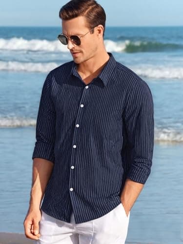 BAYAMO Men's Button-Down Striped Shirts Casual Long Sleeve Cotton Linen Collared Shirts Fashion Business Dress Shirt Navy 3XL - Thumbnail 3