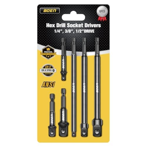BOEN 6-Piece Impact Grade Socket Adapter Set, 3-Inch & 6-Inch Hex Shank Extension Bit, 1/4", 3/8", and 1/2" Drive, Adapt Your Power Drill To High Torque Impact Wrench - Image 1