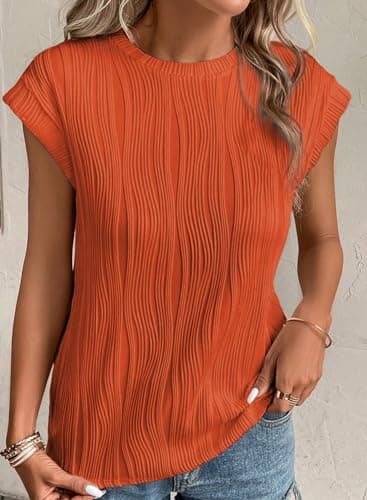 EVALESS Women's 2026 Spring Summer Short Sleeve T Shirts Fashion Trendy Casual Round Neck Knit Textured Tops Tunic Blouses Clothes Orange XX-Large - Thumbnail 3