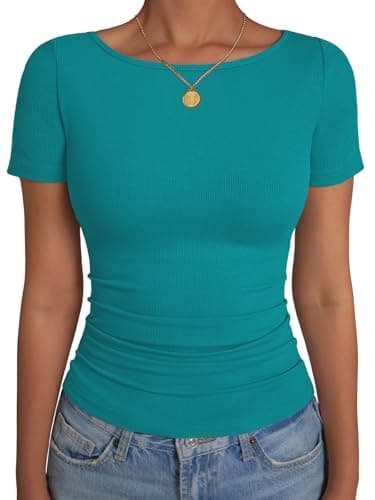 GKBK Boat Neck Tops for Women Ribbed Short Sleeve T-Shirts Slim Fitted Tight Compression Top Soft Y2K Basic Casual Going Out Tops for Spring Summer 2026 Trendy Fashion Outfits Cyan - Image 1
