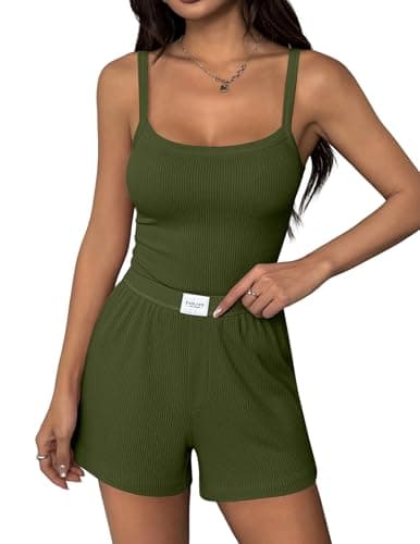 Ekouaer Lounge Sets for Women 2 Piece Sleeveless Pajamas Sets Knit Casual Summer Cami Tank Tops and Shorts Army Green - Image 1