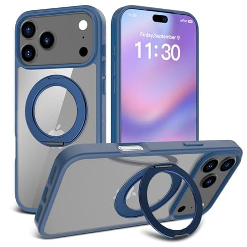 BSHITWO for iPhone 17 Pro Max Case, 360 Spin Magnetic Stand, Phone Case Compatible with MagSafe, Anti Yellowing, Shockproof Military Grade Drop Protection, Translucent Matte, Blue Frame - Image 1