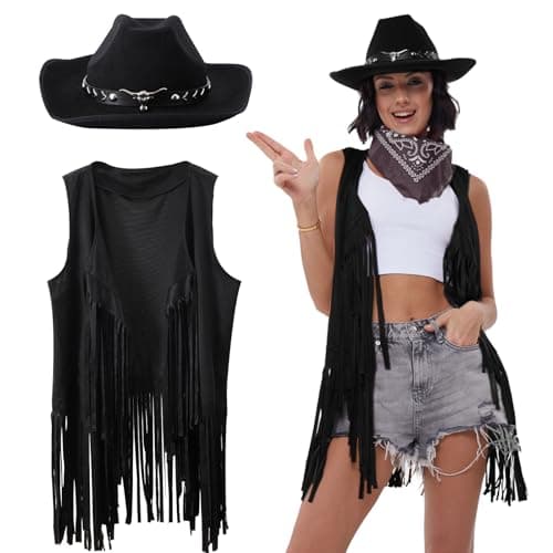 PARTTELY Western Cowgirl Outfits for Women, 70s Hippie Costume Cowgirl Tassels Fringe Vest, Cowboy Hat for Women, Bandana - Image 1