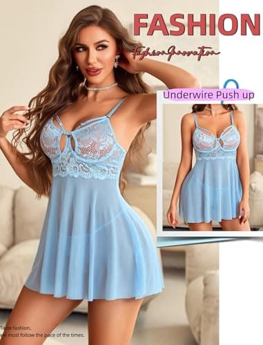 Avidlove Sexy Push Up Lingerie for Women V Neck Underwire Lingerie Set Sheer Lace Babydoll Chemise Dress Light Blue M - Thumbnail 3