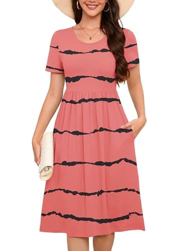 DEARCASE Summer Midi Dresses for Women Pink Wavy Stripes Medium Short Sleeves A line Casual Wedding Guest Flowy Swing Cocktail Party Holiday Spring Travel Long Dress with Pockets - Image 1
