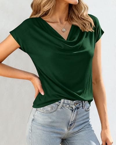 BTFBM Cowl Neck Tops for Women 2026 Spring Womens Tops Dressy Casual Business Blouses Short Sleeve Shirts Summer Outfits(Green, XX-Large) - Thumbnail 4