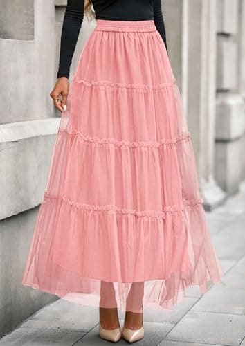 PRETTYGARDEN Tulle Skirts for Women 2026 Spring Fashion Elastic High Waisted Tiered Flowy Fairy A-Line Casual Maxi Long Skirt (Light Pink,Medium) - Thumbnail 2