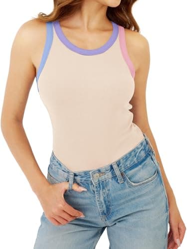 GKBK Womens Colorblock Ribbed Tank Tops Crewneck Fitted Cute Sleeveless Racerback Basic Casual Summer Cami Shirts Beige - Thumbnail 2