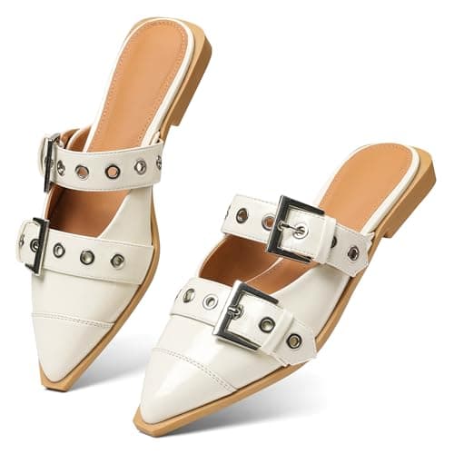 Grakihily Buckle Flats for Women Pointy Toe Wide Welt Buckled Mules Low Block Heel Slippers Mary Jane Shoes Comfortable Ballerina Flats - Image 1