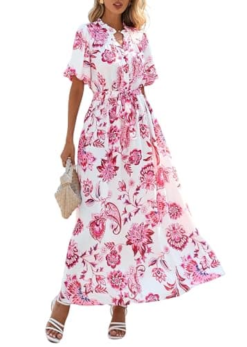 KIRUNDO Women Spring Summer Wedding Guest Boho Floral Maxi Dress Puff Sleeve Button Shirt V Neck Flowy Beach Vacation Dress(Floral White Rose Red, Medium) - Image 1