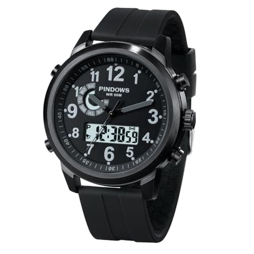 PINDOWS Watches for Men, 30M Waterproof Military Digital Analog Outdoor Sport Watch Multifunctional Wristwatch with Dual Time LED Backlight Alarm Stopwatch Calendar - Image 1
