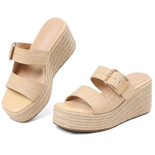 Tarkwa Platform Wedges Sandals for Women Summer Slip on Espadrille Flatform Slides Open Toe Adjustable Buckle Bohemia Beach Raffia Beach Sandals Beige Size 8 - Thumbnail 4