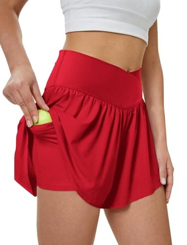 DLOODA Women's Athletic Running Shorts with Pockets Crossover Butterfly Flowy Shorts Cute Summer Skorts Red XXL - Image 1