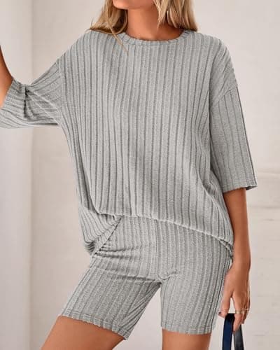 KIRUNDO Short Sets For Women Summer 2 Piece Matching Lounge Sets Casual Rib Knit Tshirts Biker Shorts Beach Vacation Outfits (Grey, X-Large) - Thumbnail 6