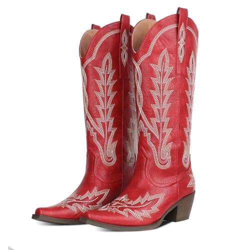 CELNEPHO Cowboy Boots for Women Knee High Western Red Cowgirl Boots Pointed Toe Chunky Heel Pull On Zipper Chunky Heel Pointed Toe Retro Country Vintage Fashion Tall Boot,Size 9.5 - Image 1