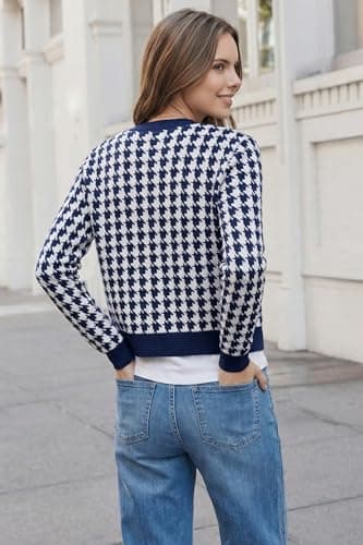 Arach&Cloz 100% Cotton Cropped Cardigans for Women Spring Fashion Lightweight Crewneck Button Down Long Sleeves Sweater Plaid Knit Tops Cute Professional Business Casual Outfits 2026 Navy Blue XL - Thumbnail 4