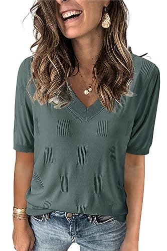 Arach&Cloz Women's Summer Fall Tops 2025 Short Sleeve Plus Size Sweaters V Neck Trendy Fashion Knit Clothes Dressy Cute Casual Outfits Business Work Blouse Grey Green M - Image 1