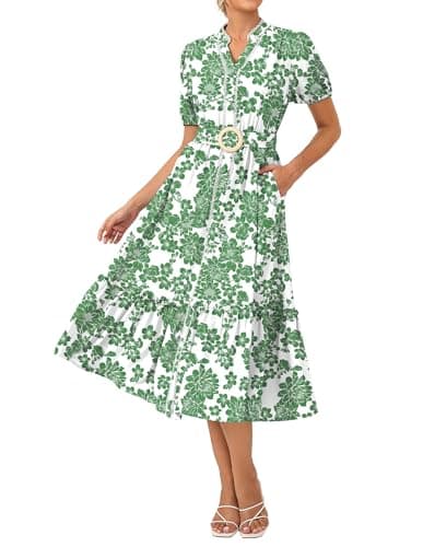 GRACE KARIN Womens Summer Floral Maxi Dress 2026 Casual Puff Short Sleeve Shirt Dress Boho Flowy Dresses with Pockets & Belt White Green Floral XL - Image 1