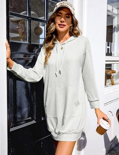 Quenteen Women Hooded Sweatshirts Dress Casual Long Sleeve Tunic Dress Oversized Sweatshirts with Pocket Light Gray - Thumbnail 6