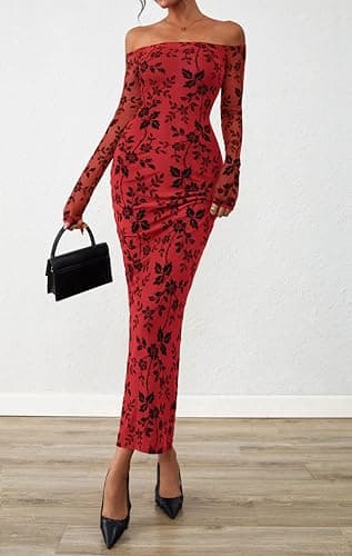 PRETTYGARDEN Womens Off The Shoulder Floral Maxi Bodycon Dress Fall Long Sleeve Mesh Fitted Long Formal Wedding Guest Dresses(Red,Medium) - Thumbnail 3