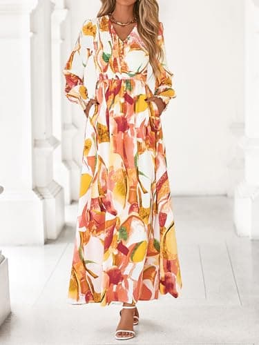 BTFBM Women Fall Wedding Guest Maxi Dresses 2025 Floral V Neck Long Sleeve Boho Long Dress Vacation(Pink Watercolour,Medium) - Thumbnail 4