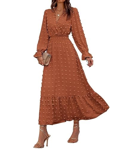 BTFBM Women Fall Dresses 2023 Long Sleeve V Neck Swiss Dots Maxi Dress Boho Long Dress High Waisted A-Line Ruffle Dress(Solid Orange,X-Large) - Image 1