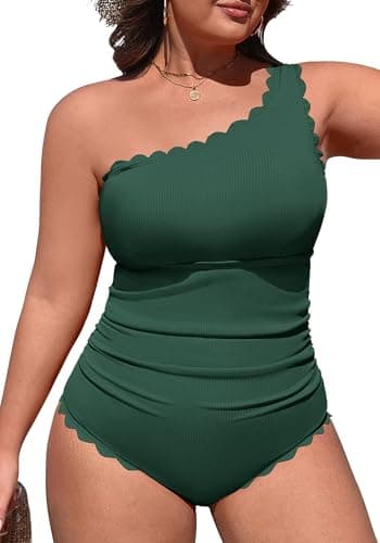 Charmo One Piece Swimsuit Women 2026 Tummy Control One Shoulder Scalloped Bathing Suit 1 Piece Modest Swim Suits Green 2X - Image 1