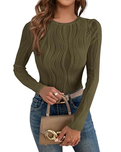 PRETTYGARDEN Women's Tops 2026 Spring Fashion Long Sleeve Crewneck Blouse Fitted Textured Basic Knit T Shirt Y2k Clothes(Army Green,X-Small) - Image 1