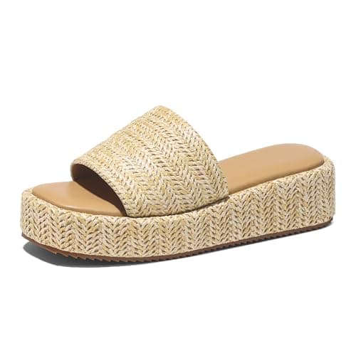 EQAUDES Slip on Sandals Women Platform Wedges Espadrille Slides - Raffia, Summer, Beach, Cute, Open Toe, Straw Comfortable, Wedding Sandal for Womens - Image 1