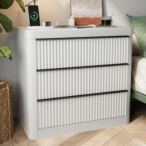 FUSUNBAO Fluted Night Stand with Charging Station,3 Drawers Large End Table with Storage,Natural Nightstand Wood Bedside Tables,Farmhouse Cabinet Dresser for Bedroom,Sofa Table(White Oak) - Image 1