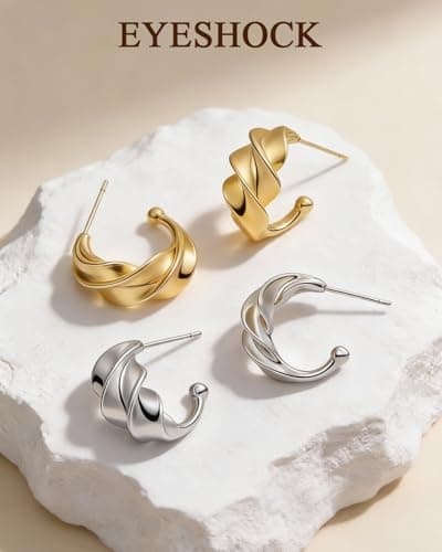 EYESHOCK Small Half Huggie Hoop Earrings for Women, Chunky Style Silver Plated 925 Sterling Silver Post, Hypoallergenic Lightweight Twisted Honeycomb Texture Hoops - Thumbnail 6