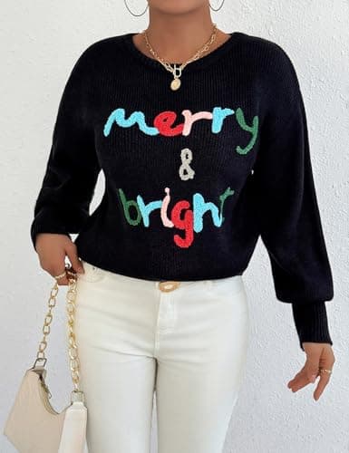 Christmas Sweater for Women Merry And Bright Xmas Pullover Top Crewneck Chenille Letter Patch Jumper (Black-XL) - Thumbnail 2