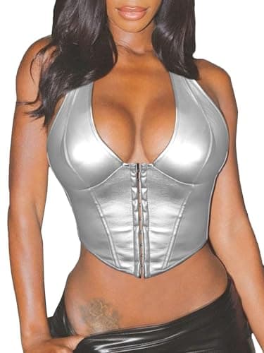 Benfoly Women's Y2K Leather Halter Top Backless Corset Bustier Top Lace Up Sexy Going Out Crop Tank Halter Neck Party Club Silver - Image 1