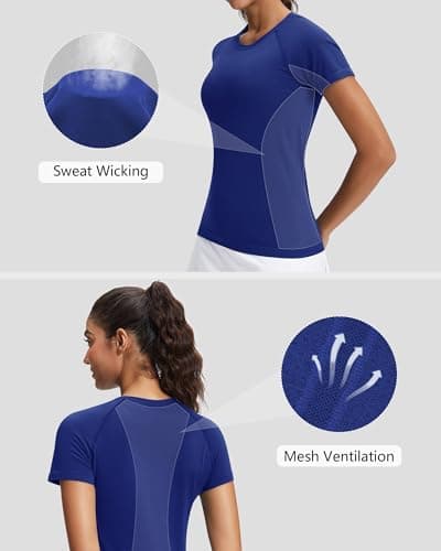 Stelle Women Seamless Workout Shirts Short Sleeve Athletic Top Yoga Gym Running T-Shirts(Navy,M) - Thumbnail 4