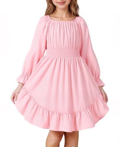 JiAmy Girls Casual Dress Long Sleeve Smocked Ruffle Tiered A-Line Off Shoulder Dresses Pink 9-10Y - Image 1