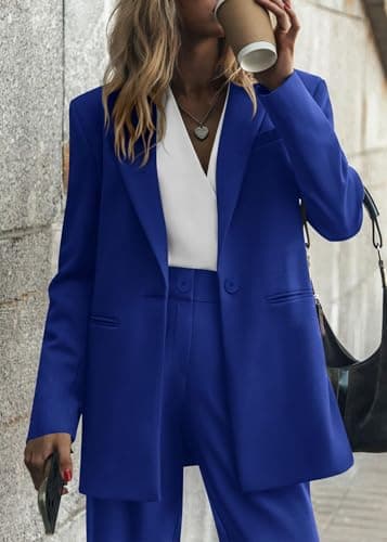 KIRUNDO Women Suits 2 Piece Set Business Casual Dressy Oversized Blazer Jacket and Wide Leg Dress Pantsuits Formal Outfits(Royal Blue, X-Large) - Thumbnail 3