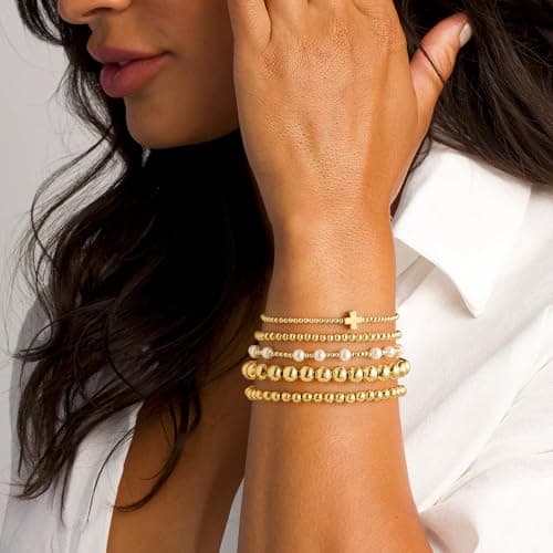 Yoosteel Gold Beaded Bracelets Set for Women - 14k Gold Plated Dainty Tiny Round Beaded Cross Pearl Bracelet Stack for Women Teenage Girl Gifts Stackable Jewelry Gifts 5 PCS - Thumbnail 2