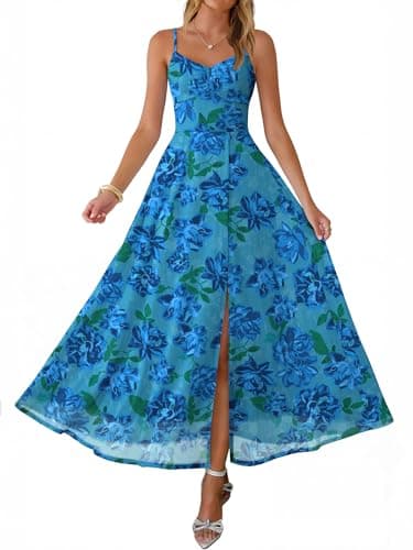 Caracilia Women's Summer Maxi Dresses Floral Mesh Spaghetti Strap Split Formal Wedding Guest Cocktail Party Beach Long Dress Blue Green Floral S - Image 1