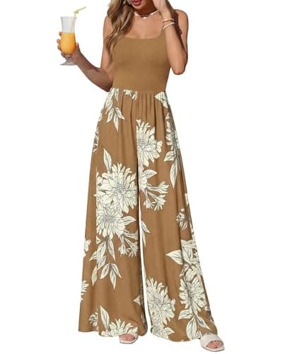 KIRUNDO Jumpsuits for Women Dressy 2026 Summer One Piece Sleeveless Boho Floral Wide Leg Romper Beach Vacation Cruise Outfits(Khaki, XX-Large) - Image 1