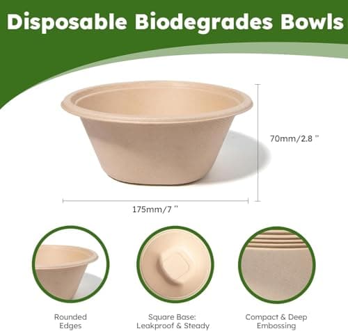 JYTIDYRA 32 oz Disposable Paper Bowls, Heavy-Duty Compostable Soup Bowls, Eco-Friendly Biodegradable Bagasse Bowls, Microwave & Freezer Safe, Large Deep Bowls for Salad, Cereal, BBQ [50 Pack] - Thumbnail 2