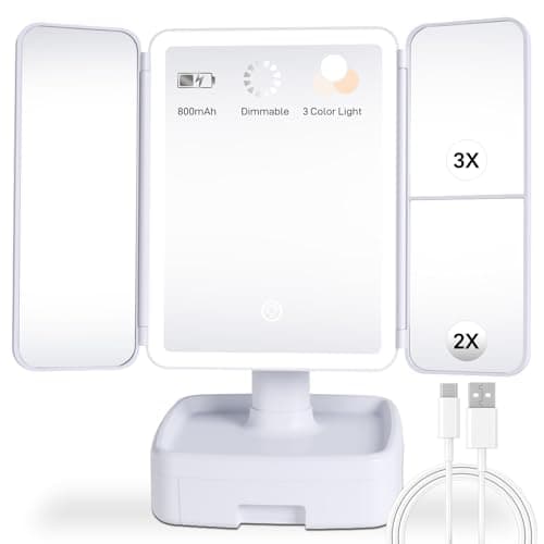 Fercexmy Makeup Mirror with LED Light, 1X/2X/3X Magnification, Rechargeable Vanity with Storage Box, Touch Control 3-Color Lighting, Portable Trifold Mirror, Gift for Her(White) - Image 1