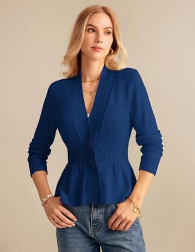 Plus Size Cardigan for Women Fall Cropped Cardigan Lightweight Long Sleeve Knit Button Down Coatigan Royal Blue - Thumbnail 2