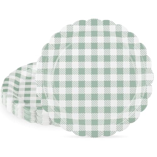 NatNarr 30 Pcs Sage Green Gingham Plates, 7 Inch Scalloped Camping Plaid Dessert Dinner Party Plates Green and White Gingham Party Supplies for Picnic, Baby & Bridal Shower, Wedding - Image 1