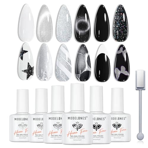 modelones Gel Nail Polish 6 Colors Black White Silver Gray Cat Eye Glitter Shimmer Magnetic Hema& TPO Free Gel Polish Kit Soak Off UV LED DIY Winter Nail Art Manicure Salon Home Gifts for Women Girls - Image 1