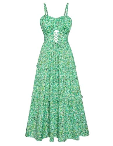 GRACE KARIN 2026 Women's Spaghetti Vacation Sundress Summer Beach Flowy Boho Floral Maxi Dresses with Pockets Green Blue Floral L - Image 1