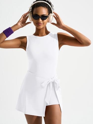 Dokuritu Womens Athletic Dress Crew Neck Sleeveless Tennis Dresses with Built in Shorts Backless Wrap Athletic Rompers White - Thumbnail 5